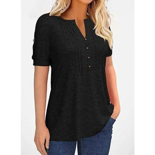Women’s V-Neck Pleated T-Shirt – Casual Button Top, Loose Fit Short Sleeve