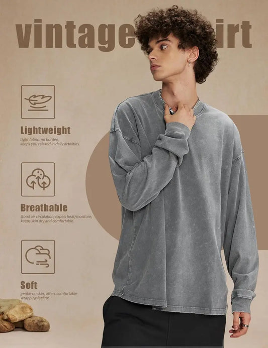 Unisex Long Sleeve Acid Wash Cotton Tee
