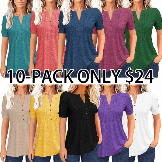Women’s V-Neck Pleated T-Shirt – Casual Button Top, Loose Fit Short Sleeve