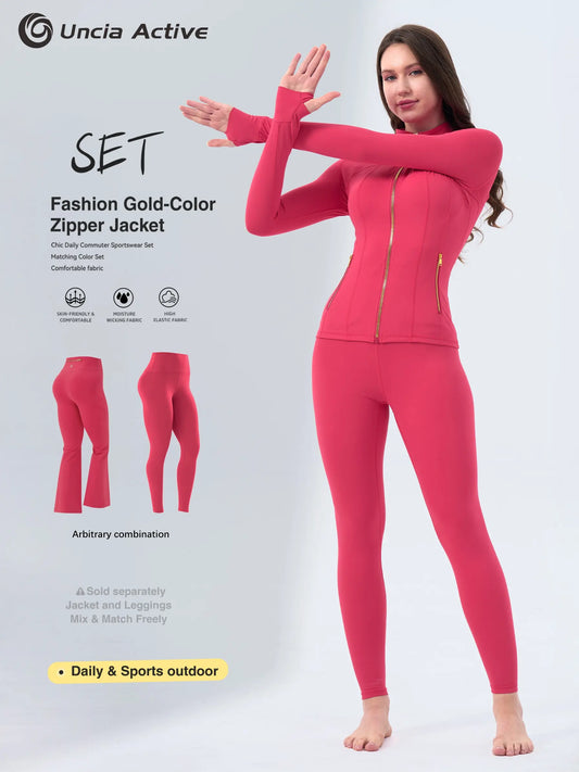 Women's Gold Zipper Sporty Jacket and Leggings Set